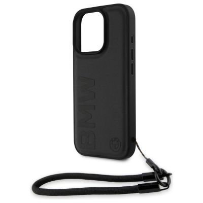 5. BMW Signature Leather Wordmark Cord Case for iPhone 16 Pro Max - Black