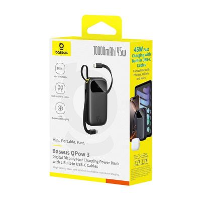 3. Baseus EnerFill FC31 QPow3 10000mAh 45W Power Bank with Digital Display with 2 Built-in USB-C Cables - Black