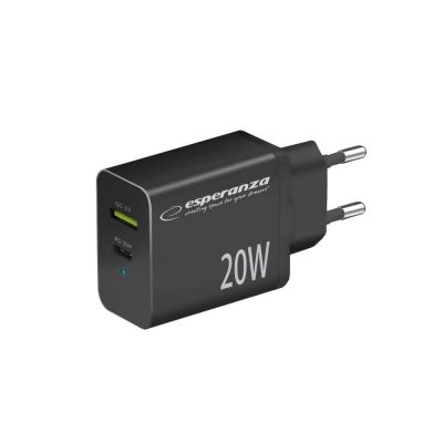 ESPERANZA 20 W USB-C PD 20 W / USB-A QC 3.0 18 W Mains Charger, Black EZC105K