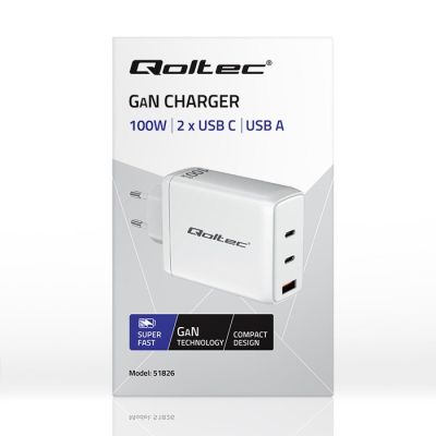 8. Qoltec 100W GaN Wall Charger | 5-20V | 1.5-5A | 2 x USB-C PD | 1 x USB QC 3.0 | White