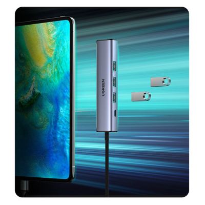16. Ugreen multifunctional adapter HUB USB 3.0 - 3 x USB / Ethernet RJ-45 / USB Type C PD gray (CM475)