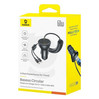 7. Baseus Circular 60W USB-A + USB-C Car Charger with Built-in Lightning + USB-C Cable 1.4m - Black