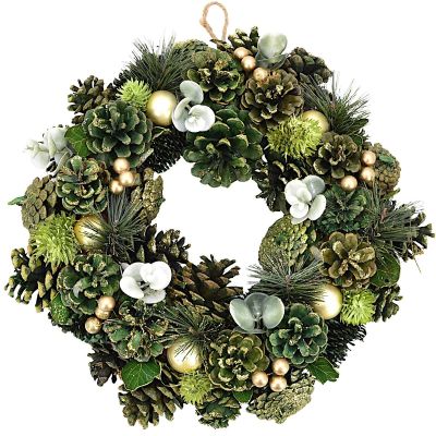 Decorative Wreath 34 cm, Green, with Pine Cones and Baubles – Mica Decorations