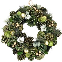 Decorative Wreath 34 cm, Green, with Pine Cones and Baubles – Mica Decorations