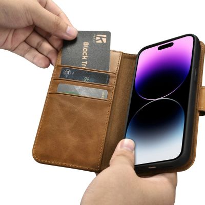 12. iCarer Oil Wax Wallet Case 2in1 Cover iPhone 14 Pro Anti-RFID Leather Flip Case Brown (WMI14220722-TN)