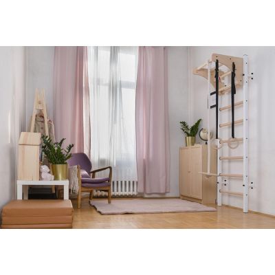 12. WOODEN AND METAL GYMNASTIC WALL BAR WITH WOODEN BAR AND ACCESSORIES BENCHK 211W A204