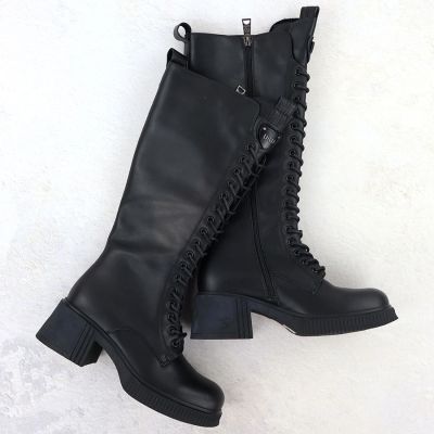 10. Women’s Leather Lace-Up Officer Boots with Block Heel, Black, Vinceza 66804