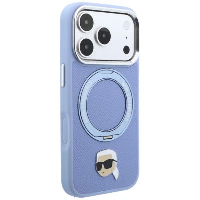 4. Karl Lagerfeld with Ring Stand 360 Karl Head Pin MagSafe Case for iPhone 18 Pro / 17 Pro - Light Blue