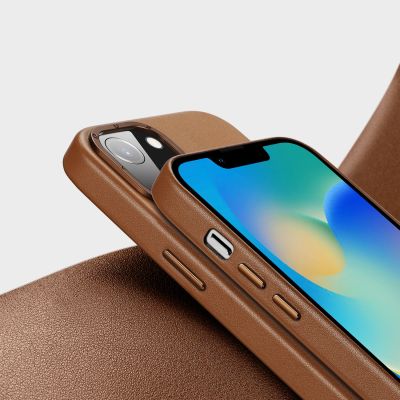 9. Dux Ducis Grit Leather Case for iPhone 14 Plus Elegant Faux Leather Cover (MagSafe Compatible) Brown