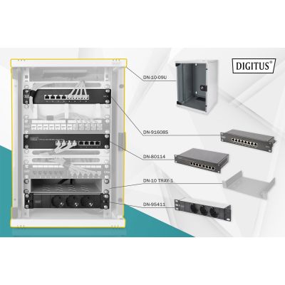 10" network kit: 9U wall-mounted cabinet, shelf, power strip, 8-port switch, Cat.6 panel, gray