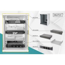 10" network kit: 9U wall-mounted cabinet, shelf, power strip, 8-port switch, Cat.6 panel, gray