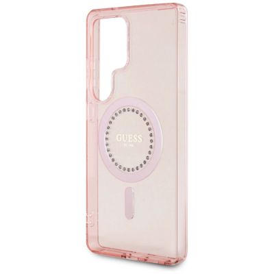 6. Guess Rhinestones Printed Classic Logo MagSafe Samsung Galaxy S25 Ultra Case Pink