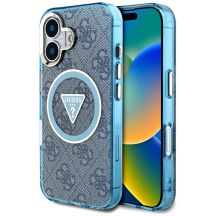 Guess IML Metal Glitter 4G Circle Triangle MagSafe Case for iPhone 16 - Blue