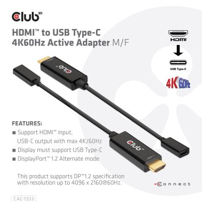 3. CLUB 3D CAC-1333 Cable Adapter 0.22m HDMI Type-A (Standard) USB Type-C Black