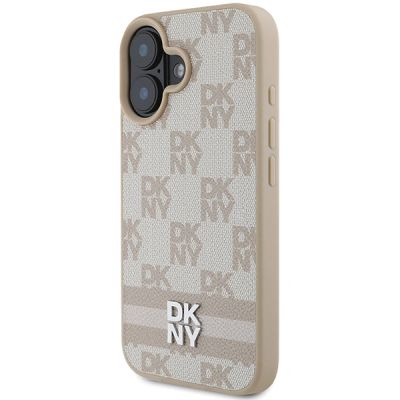 9. DKNY Checkered Pattern & Printed Stripes iPhone 16 Case - Pink