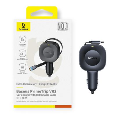 8. Baseus PrimeTrip VR2 30W Car Charger with Retractable USB-C Cable - Black