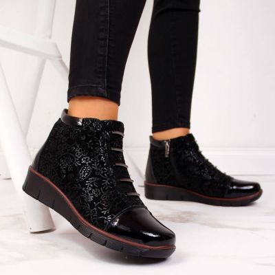 9. Women’s black insulated leather ankle boots with print, Filippo