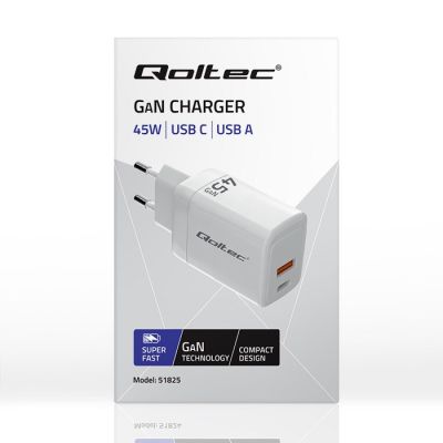 8. QOLTEC CHARGER 45W GAN | 5-20V | 1.5-3A | 1XUSB-C PD | 1XUSB QC 3.0 | WHITE