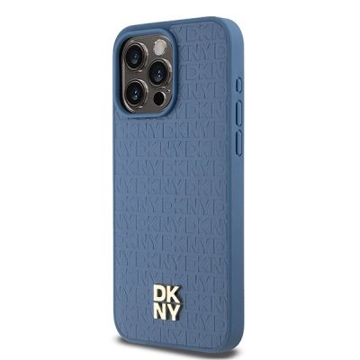 2. DKNY Leather Monogram Pattern Metal Logo MagSafe Case for iPhone 15 Pro Max - Blue