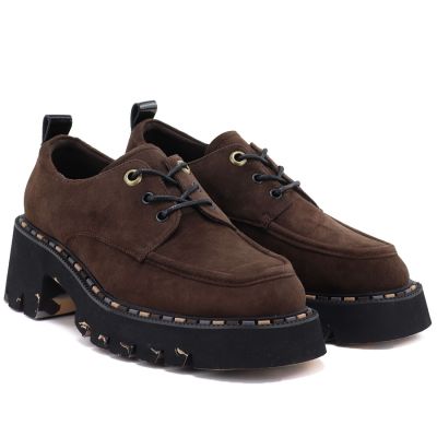 4. Women's leather moccasin shoes on a block heel, brown Artiker 59C0276