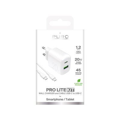2. Puro PROLITE 20W USB-A / USB-C wall charger + USB-C - USB-C cable 1.2m - white