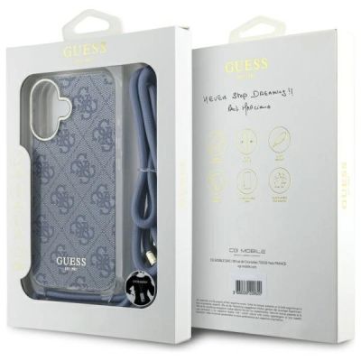 7. Guess Crossbody Cord 4G Print Case with Lanyard for iPhone 16 - Blue