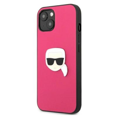 2. Karl Lagerfeld Leather Ikonik Karl's Head Metal Case for iPhone 13 mini - Pink