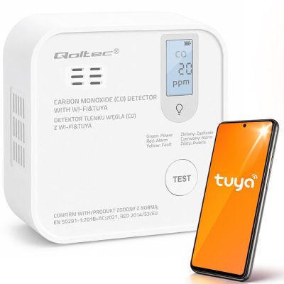 Qoltec Certified Wireless Carbon Monoxide Sensor with Battery | CO Detector | TUYA | Wi-Fi | 10-year sensor life | 85dB Alarm | LED