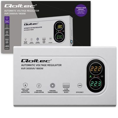 9. Qoltec Automatic Voltage Stabilizer AVR 3000VA | 1800W | Compact | Toroidal Transformer