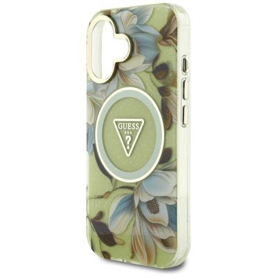 6. Guess Glitter Flowers Triangle Buttons MagSafe case for iPhone 16 green