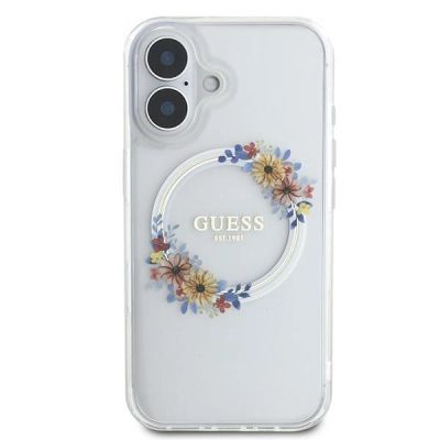 3. Guess IML Flowers Wreath MagSafe Case for iPhone 16 - Transparent