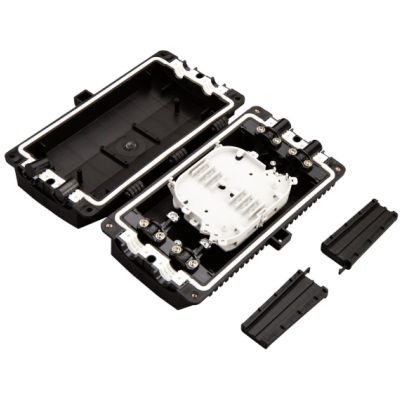 Flat fiber optic through joint for 48 splices COMPLETE (fully equipped: splice trays, splice protectors, mounting elements, heat shrink sleeves) ALANTEC