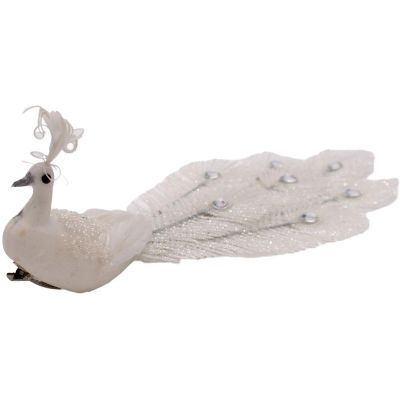 12. DECORATIVE PEACOCK ON A WHITE BAUBLE CLIP