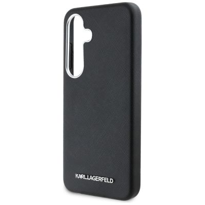 6. Karl Lagerfeld Saffiano Full Wrapped Elongated Metal Logo MagSafe Case for Samsung Galaxy S25 - Black