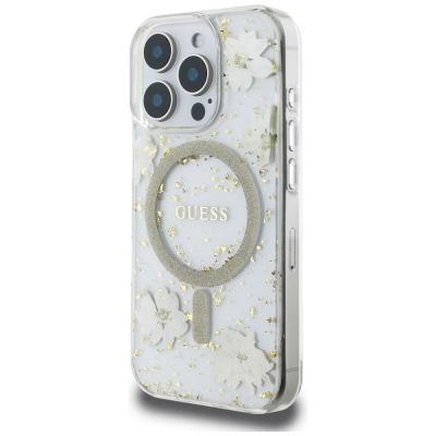 2. Guess Resin Flowers Glitter MagSafe iPhone 16 Pro Case - Beige