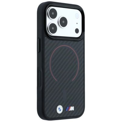 4. BMW M Kevlar Red Print Ring Metal Logo MagSafe Case for iPhone 18 Pro / 17 Pro - Black