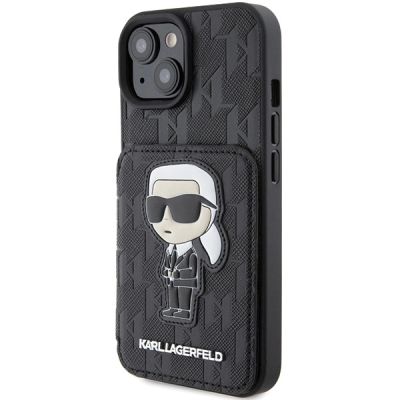 2. Karl Lagerfeld Saffiano Cardslots and Stand Monogram Ikonik Patch case for iPhone 15 - black