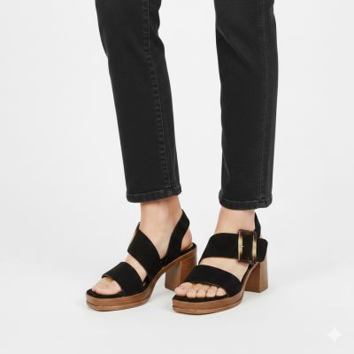 5. Women's suede sandals with a block heel, black, Potocki 54307