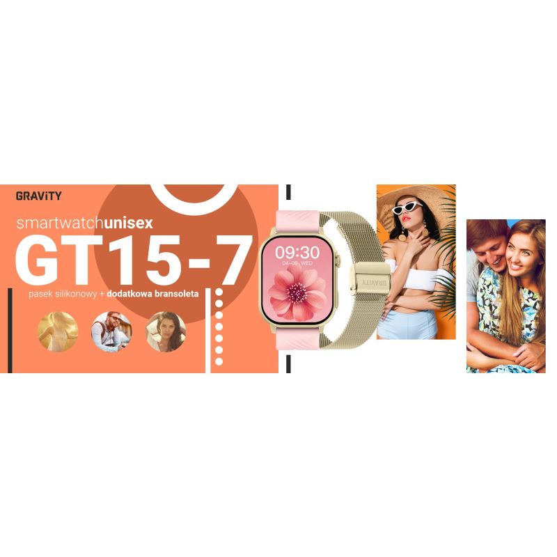 10. Smartwatch Gravity GT15-7 Pink Silicone Strap + Gold Bracelet
