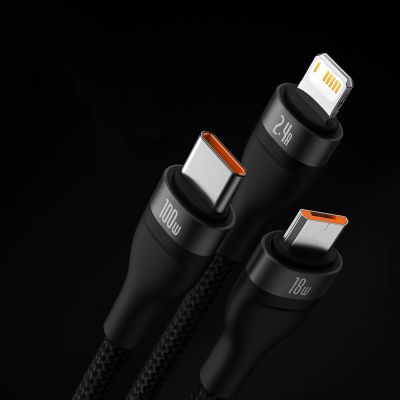 11. Baseus Flash Series II cable USB - USB Type C / Lightning / micro USB 100 W 1.2 m black (CASS030001)