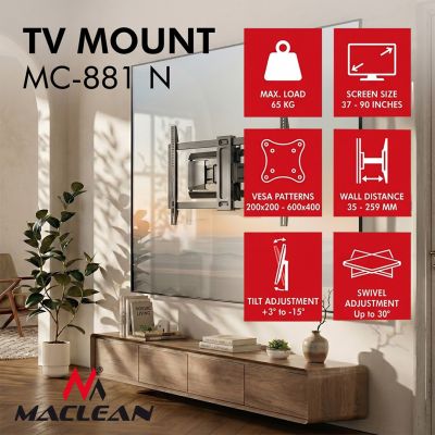 18. MACLEAN TV MOUNT / HANGER, MAX. VESA 600X400, 37-90", MAX. LOAD 65KG, BLACK MC-881 N