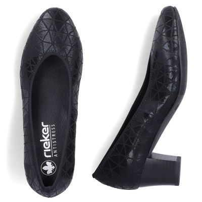 12. Women's leather pumps with a low heel, black Rieker 44650-05
