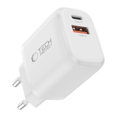 4. Tech-Protect NCA30 PD 30W QC3.0 USB-A / USB-C Wall Charger + USB-C / Lightning Cable 100cm - White