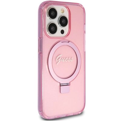 4. Guess Ring Stand Script Glitter MagSafe case for iPhone 15 Pro Max - pink