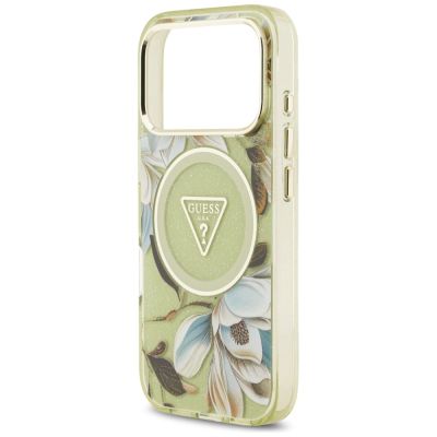 6. Guess IML Glitter Flowers Triangle MagSafe Case for iPhone 17 Pro Max - Green
