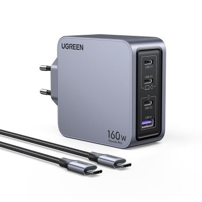 2. Ugreen Nexode Pro 160W GaN Charger with USB-C Cable Universal Black, Gray AC Fast Charging Internal