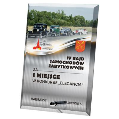 2. Glass trophy with LuxorJet color printing, engraving, and paint filling