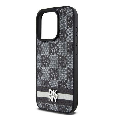 6. DKNY Leather Checkered Mono Pattern & Printed Stripes iPhone 15 Pro Case - Black