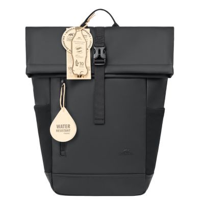 4. Rivacase Eden Backpack Roll-Up Backpack Black Polyester, Waxed Leather (Pull Up)