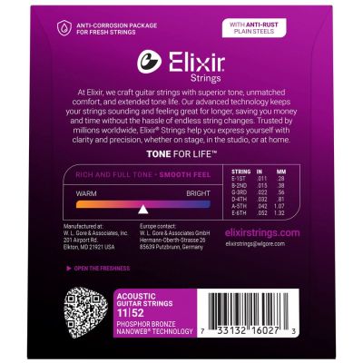 2. Elixir 16027 Phosphor Bronze Custom Light (11-52) NW - Acoustic Guitar Strings